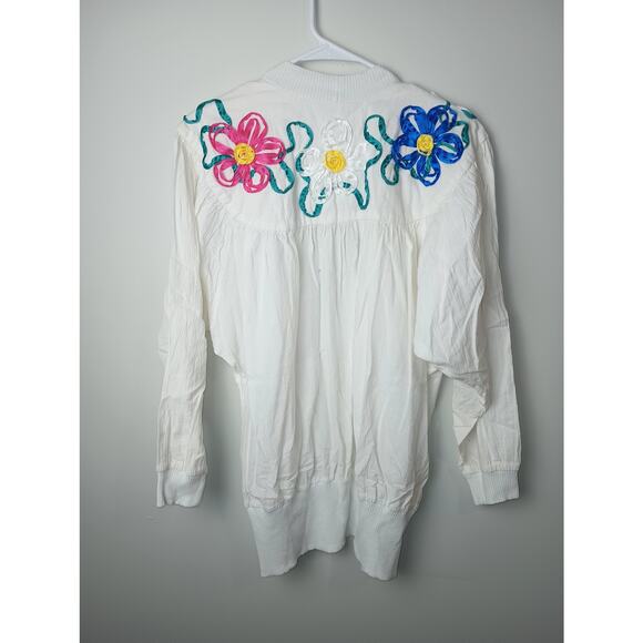 Peter Popovitch Women Medium Art to Wear Floral White Cardigan Ribbon Vintage - Picture 1 of 5